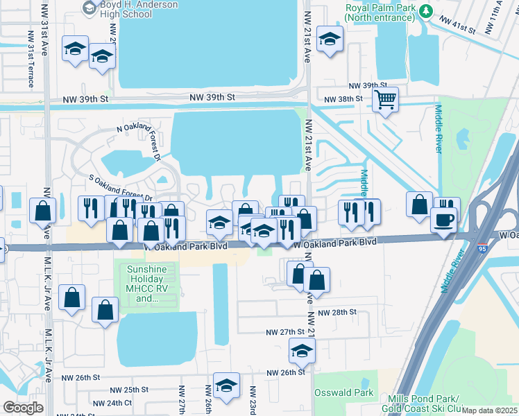 map of restaurants, bars, coffee shops, grocery stores, and more near 2350 Northwest 33rd Street in Fort Lauderdale