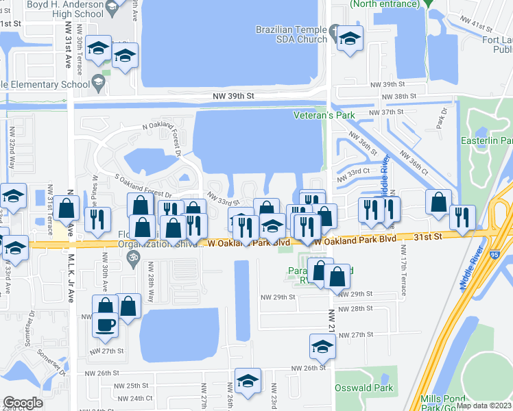 map of restaurants, bars, coffee shops, grocery stores, and more near 2350 Northwest 33rd Street in Fort Lauderdale