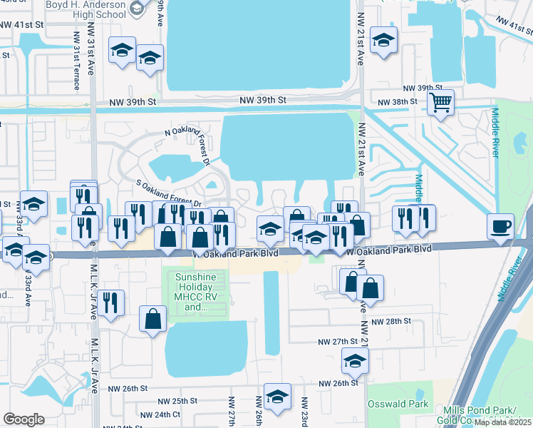 map of restaurants, bars, coffee shops, grocery stores, and more near 2460 Northwest 33rd Street in Oakland Park