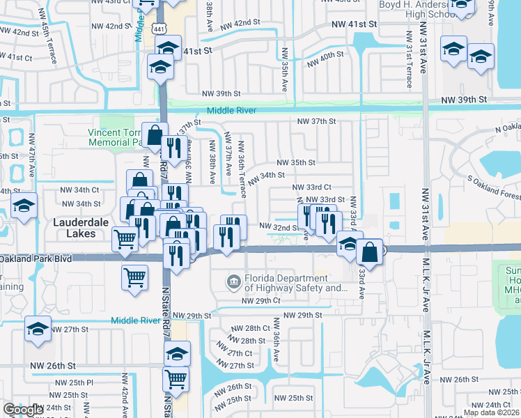 map of restaurants, bars, coffee shops, grocery stores, and more near 3341 Northwest 36th Avenue in Lauderdale Lakes