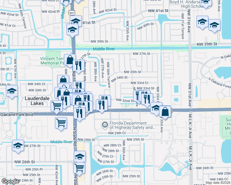 map of restaurants, bars, coffee shops, grocery stores, and more near 3341 Northwest 36th Avenue in Lauderdale Lakes