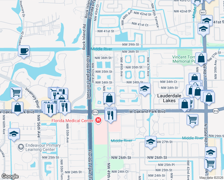 map of restaurants, bars, coffee shops, grocery stores, and more near 211 Northwest 51st Avenue in Lauderdale Lakes