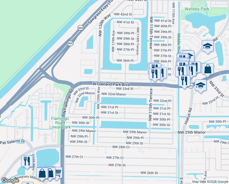 map of restaurants, bars, coffee shops, grocery stores, and more near 11911 Northwest 32nd Manor in Sunrise