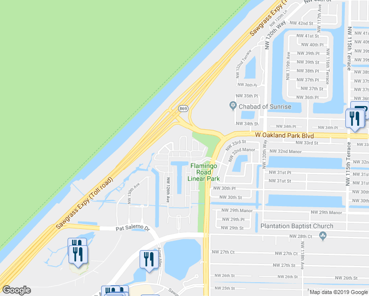 map of restaurants, bars, coffee shops, grocery stores, and more near 3308 Northwest 125th Way in Sunrise