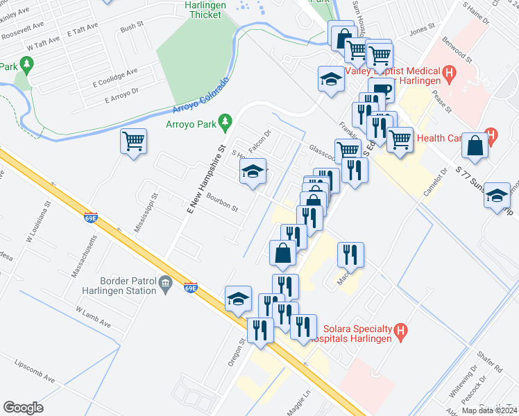 map of restaurants, bars, coffee shops, grocery stores, and more near 3936 Bourbon Street in Harlingen