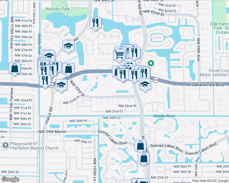 map of restaurants, bars, coffee shops, grocery stores, and more near 3318 Northwest 103rd Avenue in Sunrise