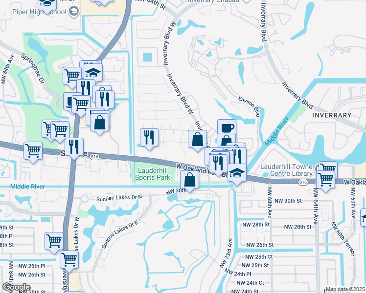 map of restaurants, bars, coffee shops, grocery stores, and more near 7460 Northwest 33rd Street in Lauderhill