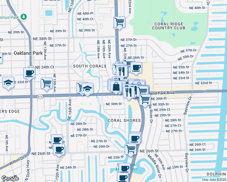 map of restaurants, bars, coffee shops, grocery stores, and more near 2011 East Oakland Park Boulevard in Oakland Park