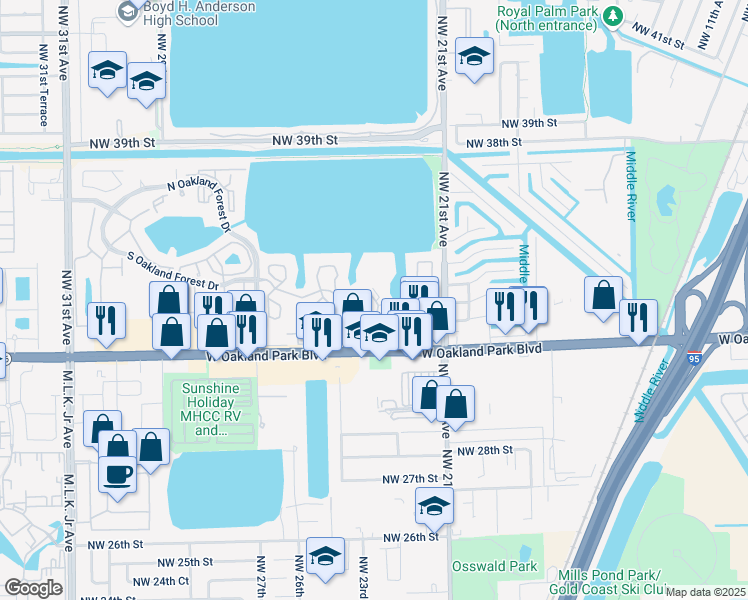 map of restaurants, bars, coffee shops, grocery stores, and more near 2350 Northwest 33rd Street in Fort Lauderdale
