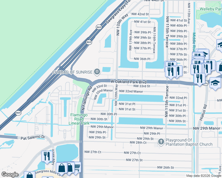 map of restaurants, bars, coffee shops, grocery stores, and more near 12111 Northwest 32nd Manor in Sunrise