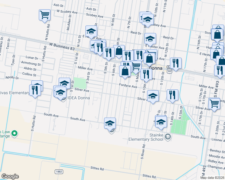 map of restaurants, bars, coffee shops, grocery stores, and more near 312 South 6th Street in Donna