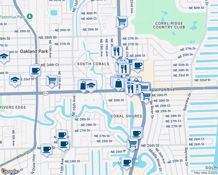 map of restaurants, bars, coffee shops, grocery stores, and more near 1955 East Oakland Park Boulevard in Oakland Park