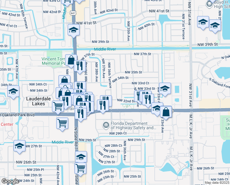 map of restaurants, bars, coffee shops, grocery stores, and more near 3341 Northwest 36th Avenue in Lauderdale Lakes