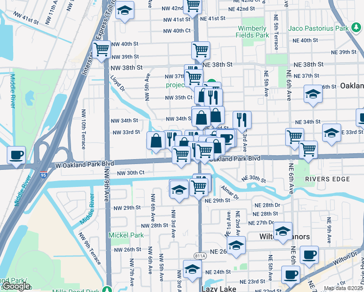 map of restaurants, bars, coffee shops, grocery stores, and more near 220 Northwest 32nd Court in Oakland Park