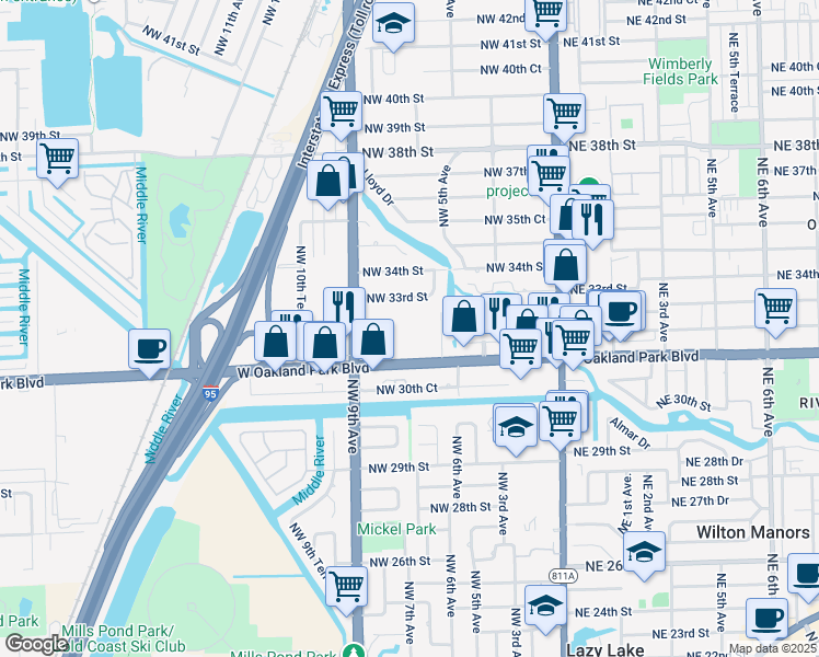map of restaurants, bars, coffee shops, grocery stores, and more near 659 West Oakland Park Boulevard in Wilton Manors