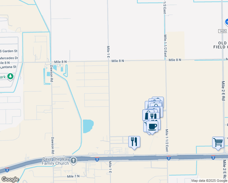 map of restaurants, bars, coffee shops, grocery stores, and more near 9563 Mile 1 East in Mercedes