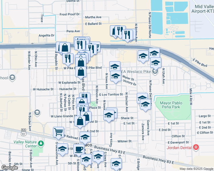 map of restaurants, bars, coffee shops, grocery stores, and more near 324 East Mesquite Street in Weslaco