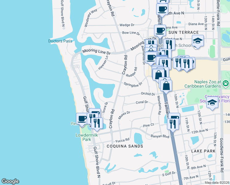map of restaurants, bars, coffee shops, grocery stores, and more near 1801 Crayton Road in Naples