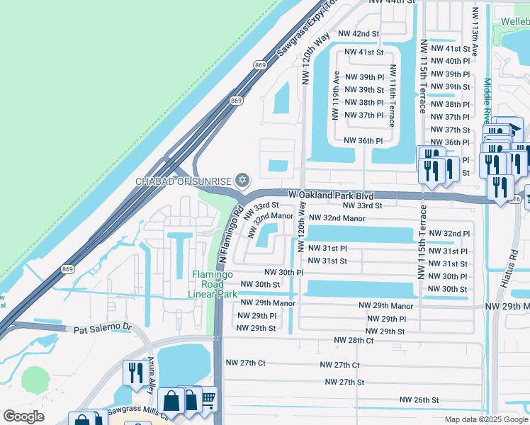 map of restaurants, bars, coffee shops, grocery stores, and more near 12265 Northwest 32nd Manor in Sunrise