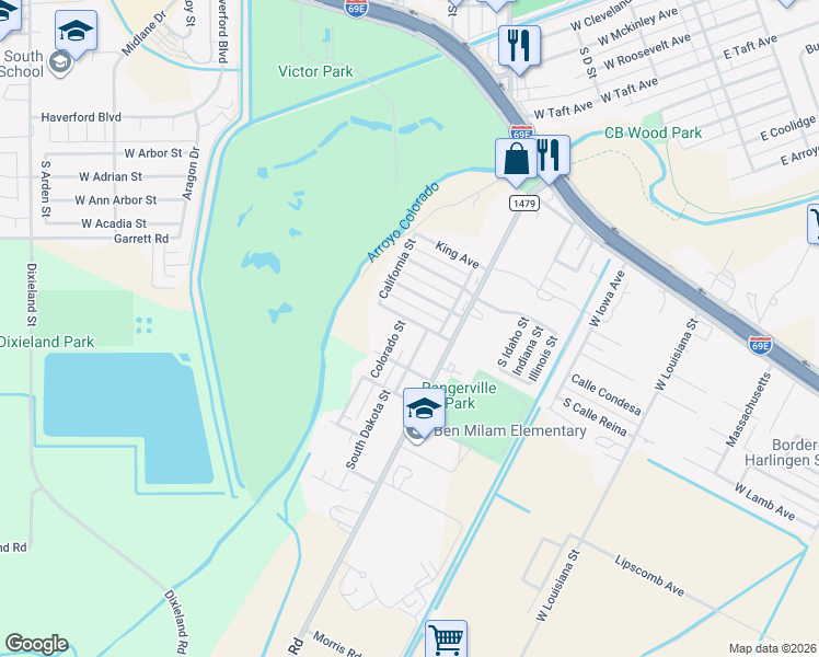 map of restaurants, bars, coffee shops, grocery stores, and more near 1914 West La Salle Avenue in Harlingen
