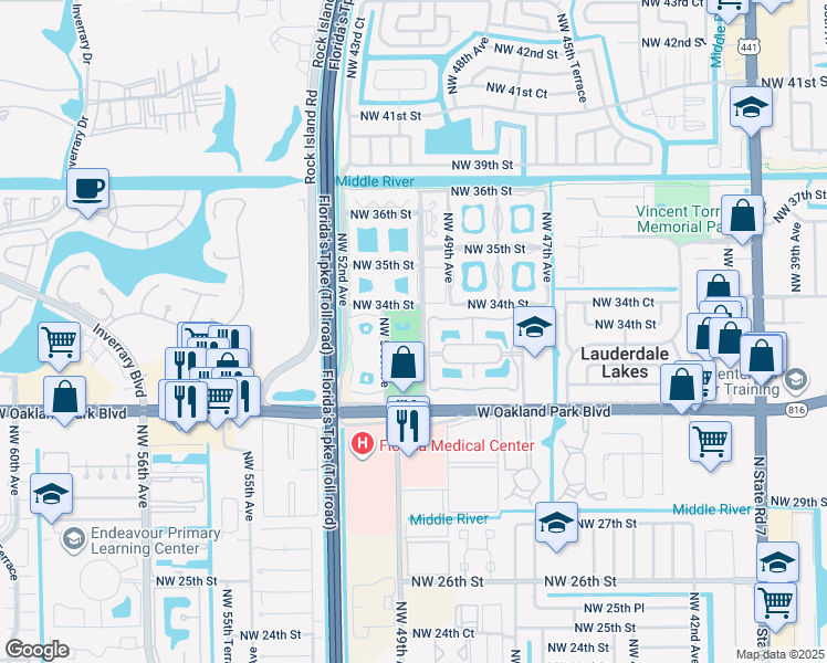 map of restaurants, bars, coffee shops, grocery stores, and more near 5071 West Oakland Park Boulevard in Lauderdale Lakes