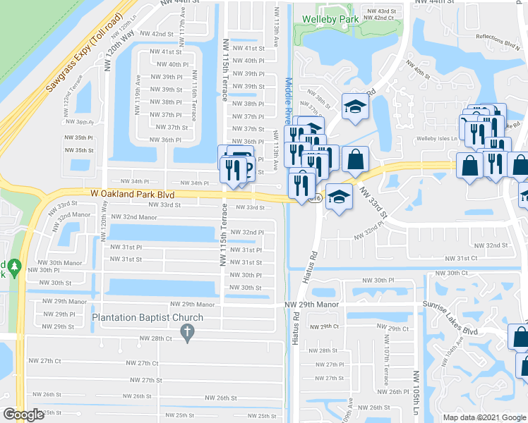 map of restaurants, bars, coffee shops, grocery stores, and more near 11338 Northwest 33rd Street in Sunrise
