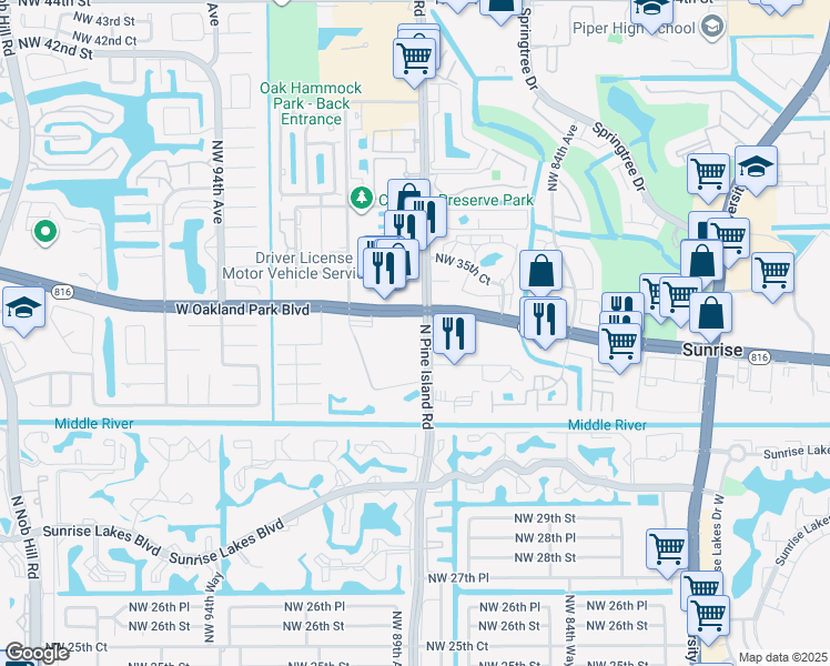 map of restaurants, bars, coffee shops, grocery stores, and more near 8800 West Oakland Park Boulevard in Sunrise