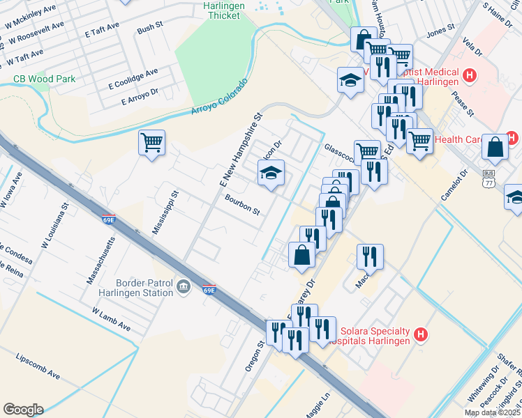 map of restaurants, bars, coffee shops, grocery stores, and more near 3917 Bourbon Street in Harlingen