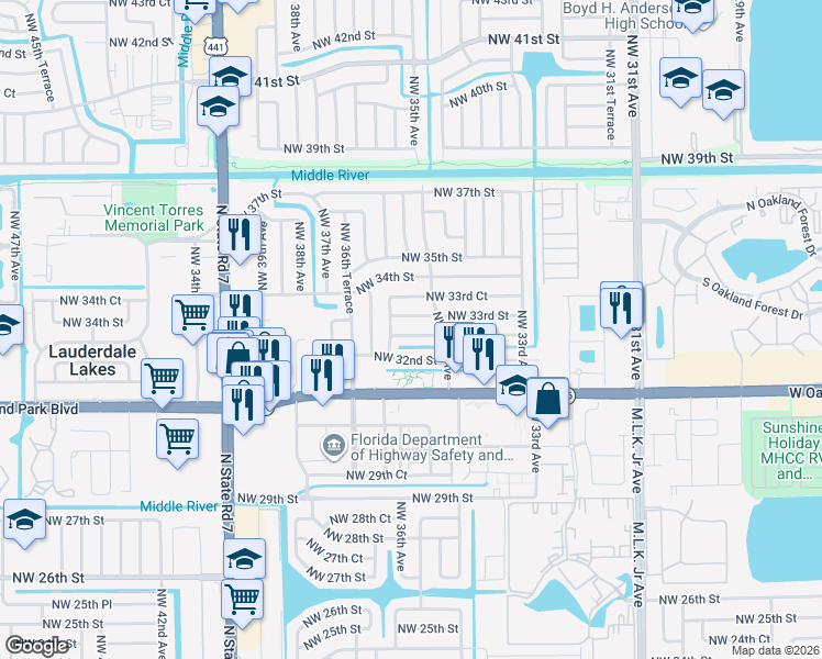 map of restaurants, bars, coffee shops, grocery stores, and more near 3555 Northwest 32nd Court in Lauderdale Lakes