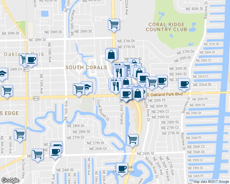 map of restaurants, bars, coffee shops, grocery stores, and more near 2011 East Oakland Park Boulevard in Oakland Park