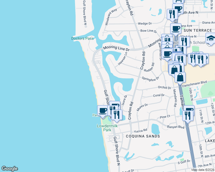 map of restaurants, bars, coffee shops, grocery stores, and more near 1820 Gulf Shore Boulevard North in Naples
