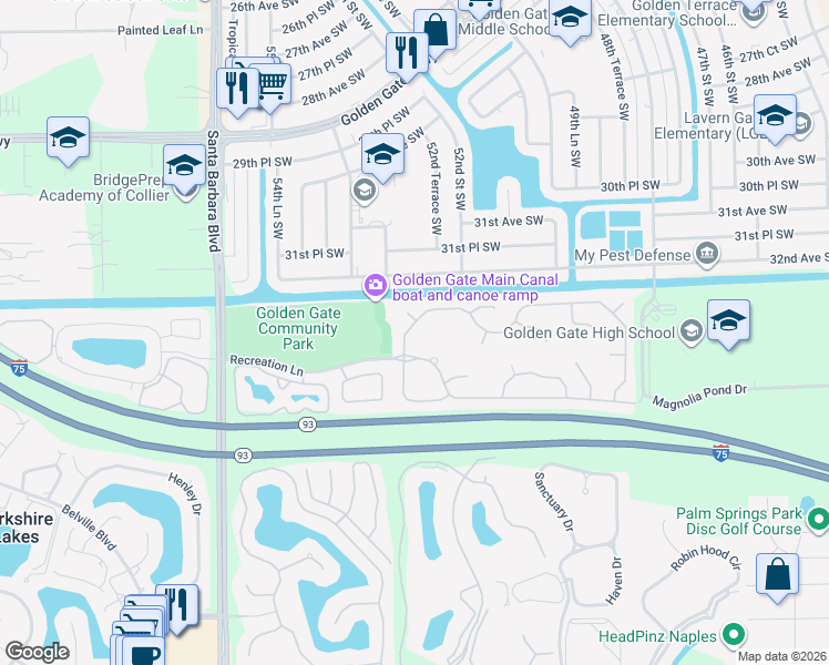 map of restaurants, bars, coffee shops, grocery stores, and more near 3624 Recreation Lane in Naples