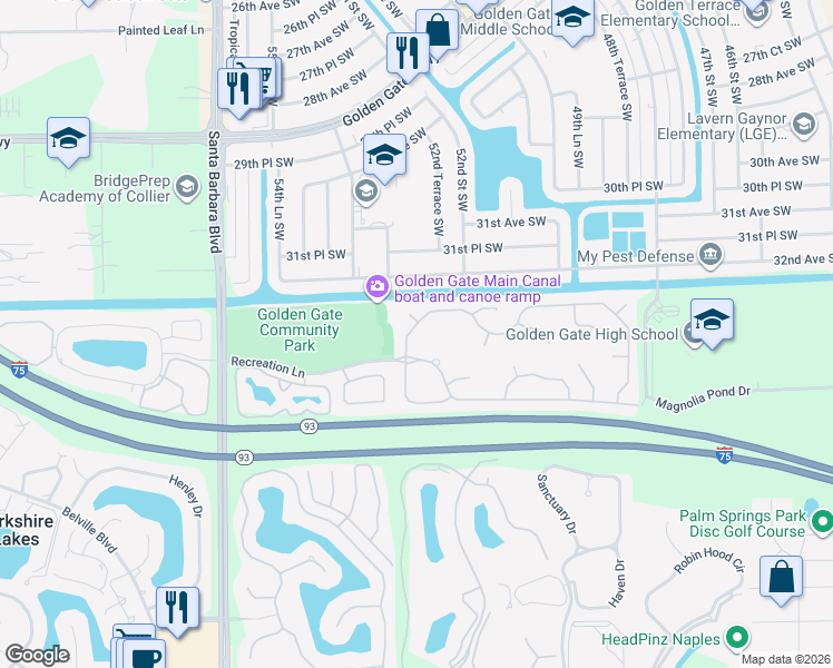 map of restaurants, bars, coffee shops, grocery stores, and more near 3624 Recreation Lane in Naples