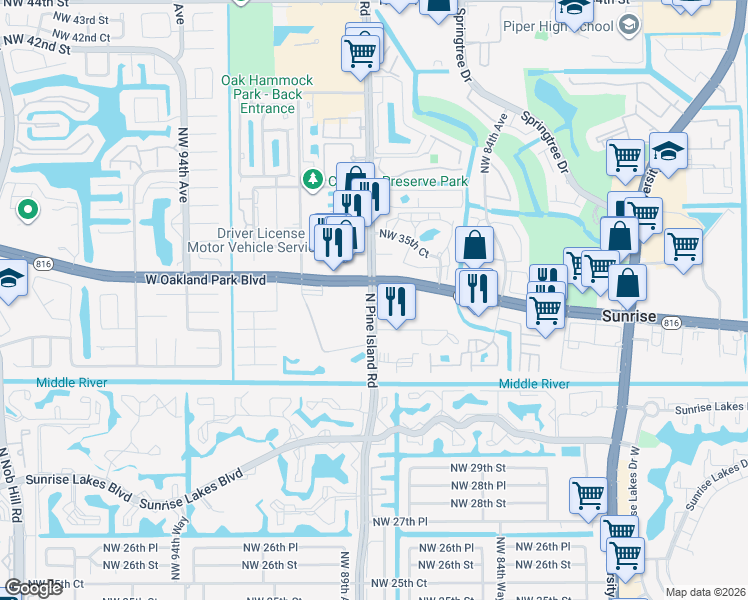 map of restaurants, bars, coffee shops, grocery stores, and more near 8800 West Oakland Park Boulevard in Sunrise