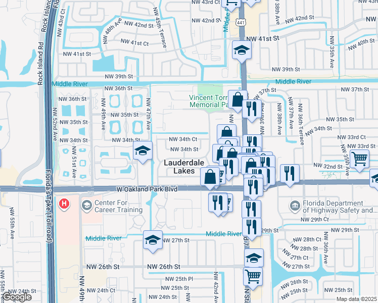 map of restaurants, bars, coffee shops, grocery stores, and more near 4420 Northwest 34th Street in Lauderdale Lakes