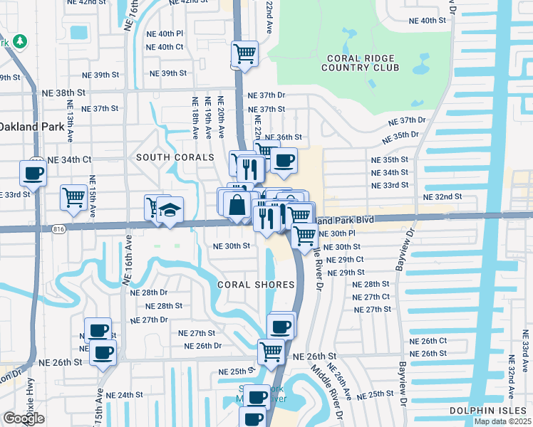 map of restaurants, bars, coffee shops, grocery stores, and more near 3101 North Federal Highway in Oakland Park