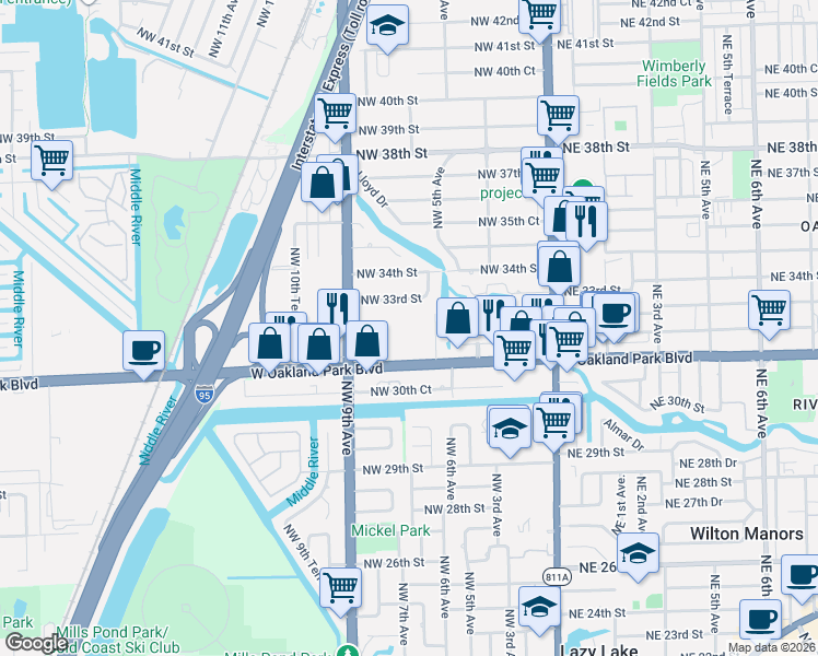map of restaurants, bars, coffee shops, grocery stores, and more near 659 West Oakland Park Boulevard in Wilton Manors