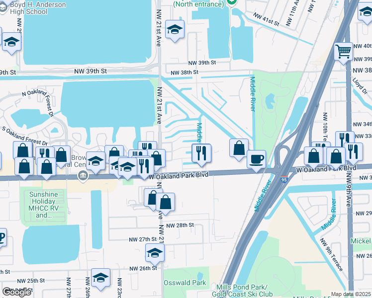 map of restaurants, bars, coffee shops, grocery stores, and more near 1950 Northwest 32nd Court in Oakland Park