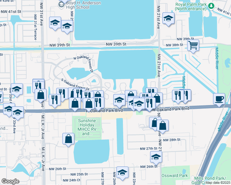 map of restaurants, bars, coffee shops, grocery stores, and more near 2460 Northwest 33rd Street in Oakland Park