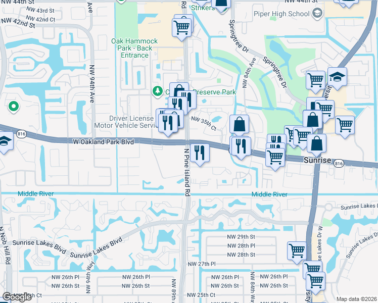 map of restaurants, bars, coffee shops, grocery stores, and more near 8800 West Oakland Park Boulevard in Sunrise