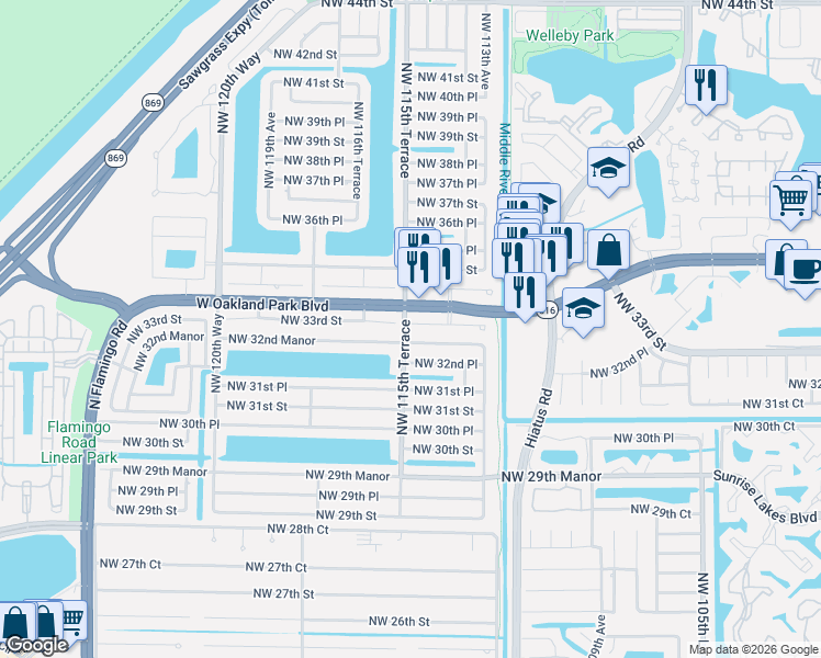 map of restaurants, bars, coffee shops, grocery stores, and more near 11452 Northwest 33rd Street in Sunrise