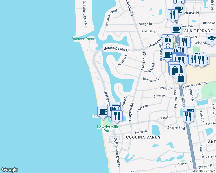 map of restaurants, bars, coffee shops, grocery stores, and more near 1820 Gulf Shore Boulevard North in Naples