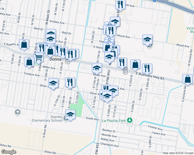 map of restaurants, bars, coffee shops, grocery stores, and more near 206 South 17th Street in Donna