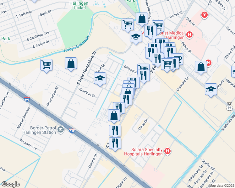 map of restaurants, bars, coffee shops, grocery stores, and more near 4301 Hale Avenue in Harlingen