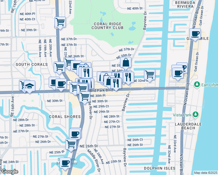 map of restaurants, bars, coffee shops, grocery stores, and more near 2691 East Oakland Park Boulevard in Fort Lauderdale