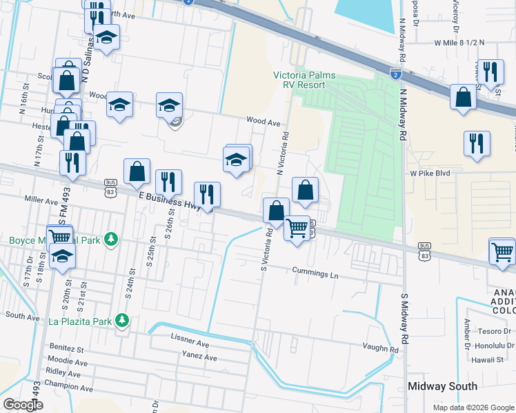 map of restaurants, bars, coffee shops, grocery stores, and more near 103 North Victoria Road in Donna