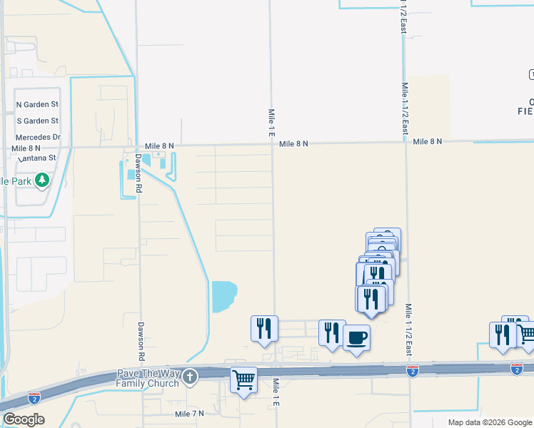 map of restaurants, bars, coffee shops, grocery stores, and more near 9563 Mile 1 East in Mercedes