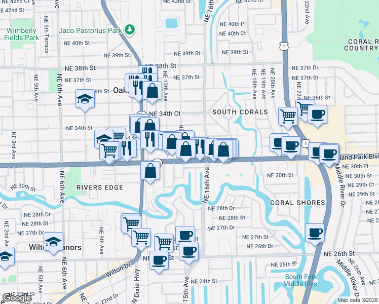 map of restaurants, bars, coffee shops, grocery stores, and more near 1560 Northeast 32nd Street in Oakland Park