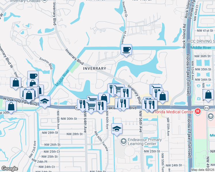 map of restaurants, bars, coffee shops, grocery stores, and more near 3330 Spanish Moss Terrace in Lauderhill