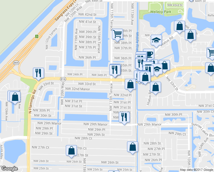 map of restaurants, bars, coffee shops, grocery stores, and more near 11530 Northwest 33rd Street in Sunrise